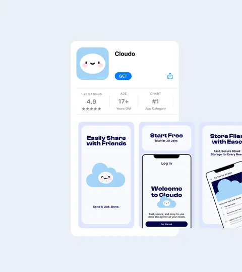 app screens on a pale ground: a welcome, sharing and files, with the cloud mascot.