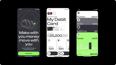 Three phone screens from the Cointo banking app on black: a welcome, a debit card and a balance.
