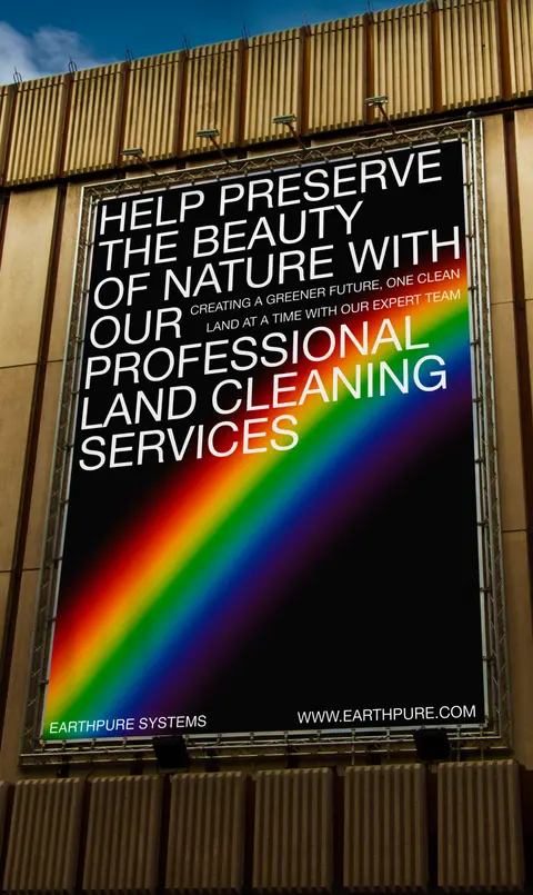 A tall Earthpure Systems poster with a rainbow across it and a line about preserving the beauty of nature.