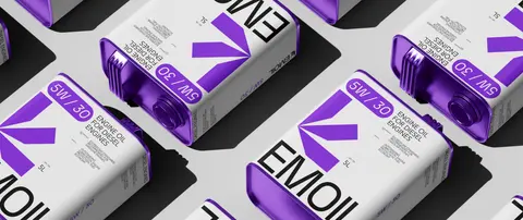 Diagonal rows of purple and white Emoil engine oil tins.