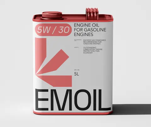 Red and white 5 litre Emoil oil tin, front on.