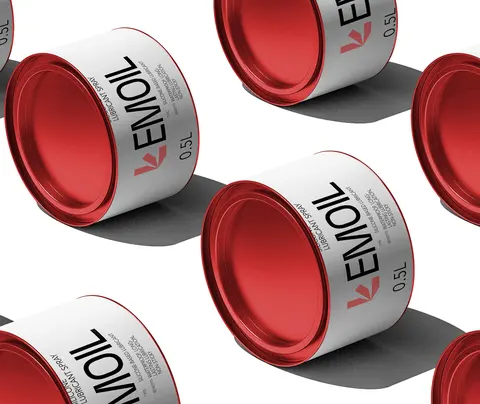 tins with red lids scattered on a white ground.