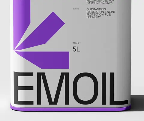A tall white Emoil 5 litre tin with a purple leaf mark.