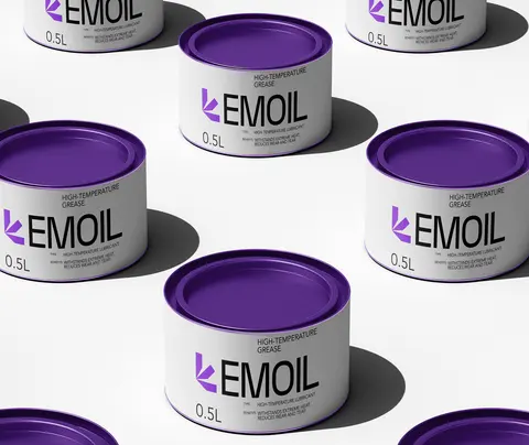 Purple-lidded Emoil grease tins scattered on a white ground.