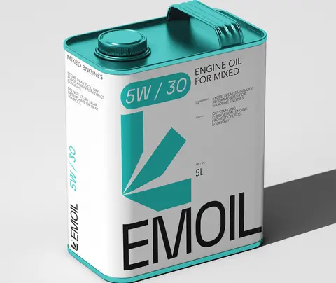 A white Emoil 5 litre tin with a teal lid and teal leaf mark.