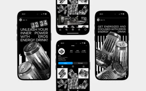 Three phone screens showing Eros social posts of cans and bold stripes.