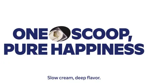 A white tile with the line One scoop, pure happiness in bold navy type.