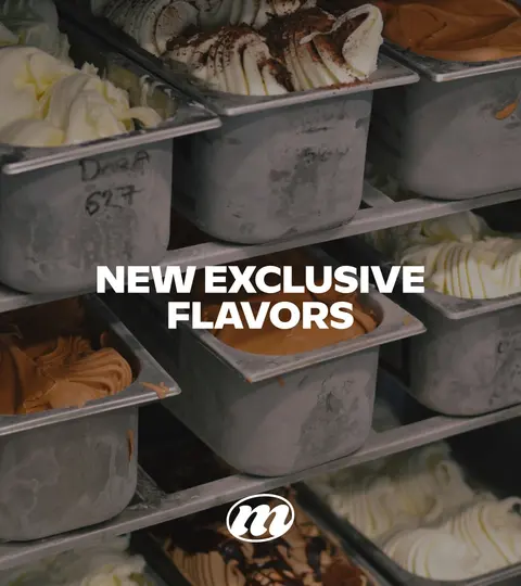 Tubs of ice cream in a freezer with a Mellie badge and the words New exclusive flavours.