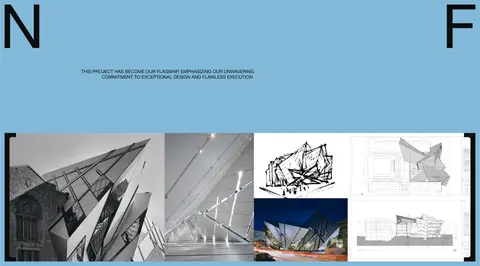 A sky-blue NobleForma page with N and F corner marks above a strip of building drawings and photos.