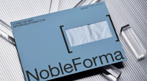 Sky-blue NobleForma folder lying on ribbed metal.
