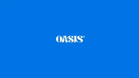 The Oasis wordmark in white on bright blue.