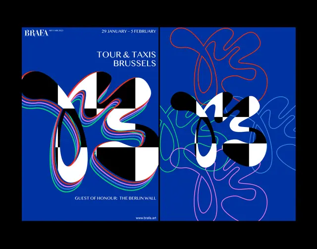 Two blue posters side by side, one with a bold black and white shape and one with the same shape in thin coloured lines.