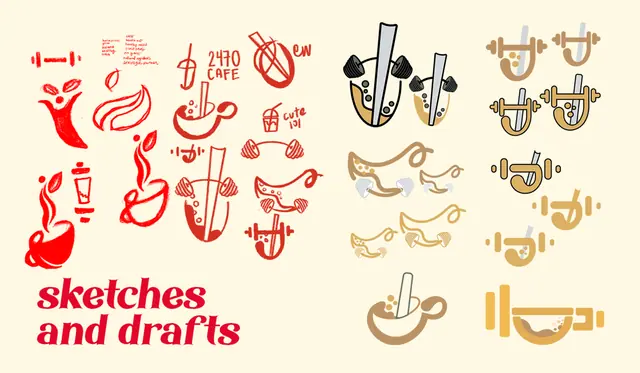Cream sheet of red and gold hand-drawn cup, steam and leaf logo sketches with the title sketches and drafts.