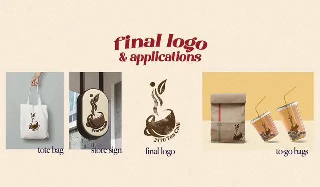 Brown coffee cup and steam logo shown on a tote bag, a hanging sign, a paper bag and two takeaway cups on a cream ground.