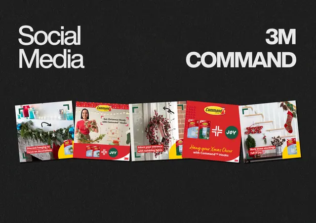 Five red and white Christmas social posts showing hooks holding wreaths, garlands, lights and stockings, fanned across a dark slide.