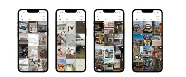 Four phones side by side, each showing an Instagram profile grid of interiors, products and building photos in a different colour mood.