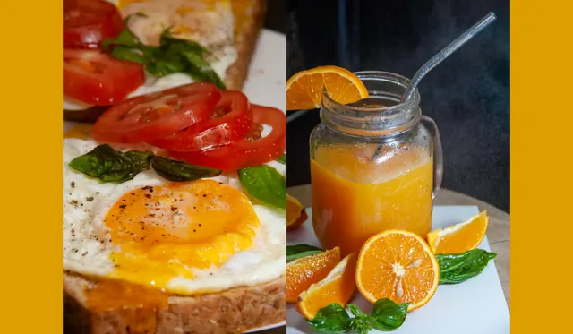 Close photo of a fried egg with tomato and basil on toast beside a jar of orange juice with oranges, on mustard panels.