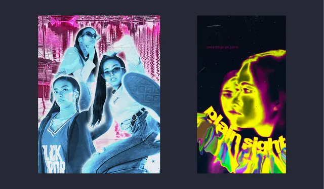 Two tall posters on navy: three women in a cyan and magenta glitch effect, and a yellow neon face with the words plain sight.