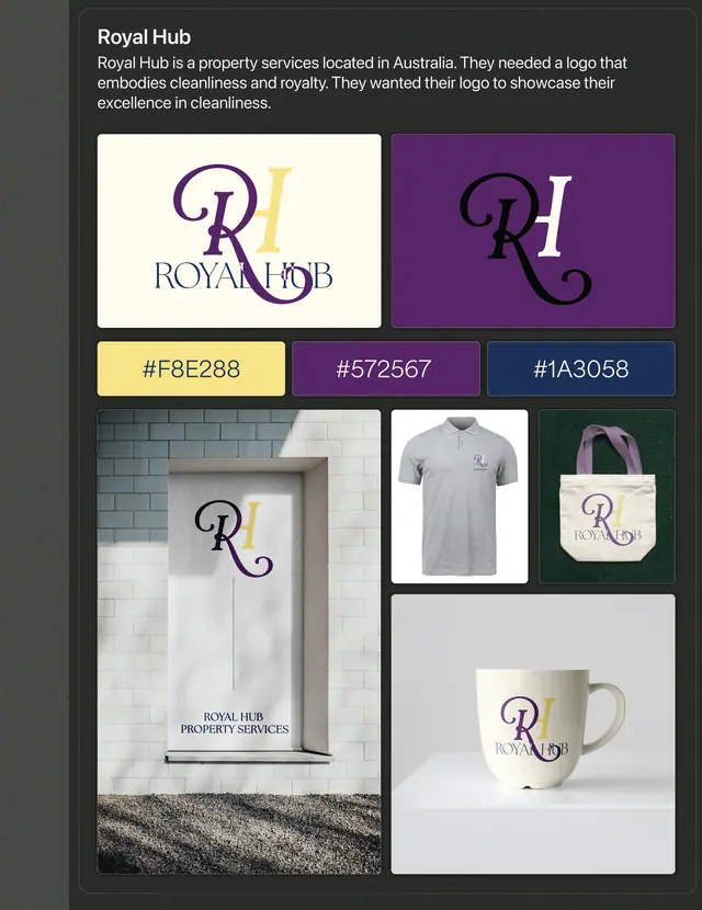 Dark board with a purple and yellow RH monogram logo in two colourways, a palette, and a door sign, polo shirt, tote bag and mug.