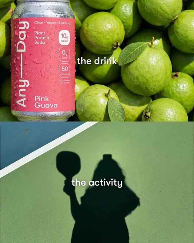 Two-part social tile: a pink soda can among green guavas above, a player’s shadow on a green court below.