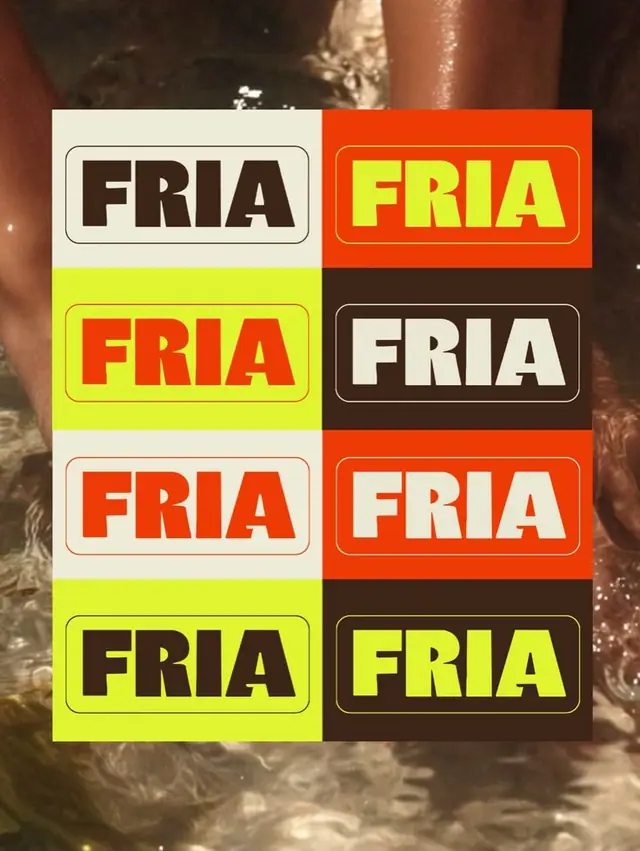 Eight logo lockups in red, lime, cream and brown, laid over rippling water.