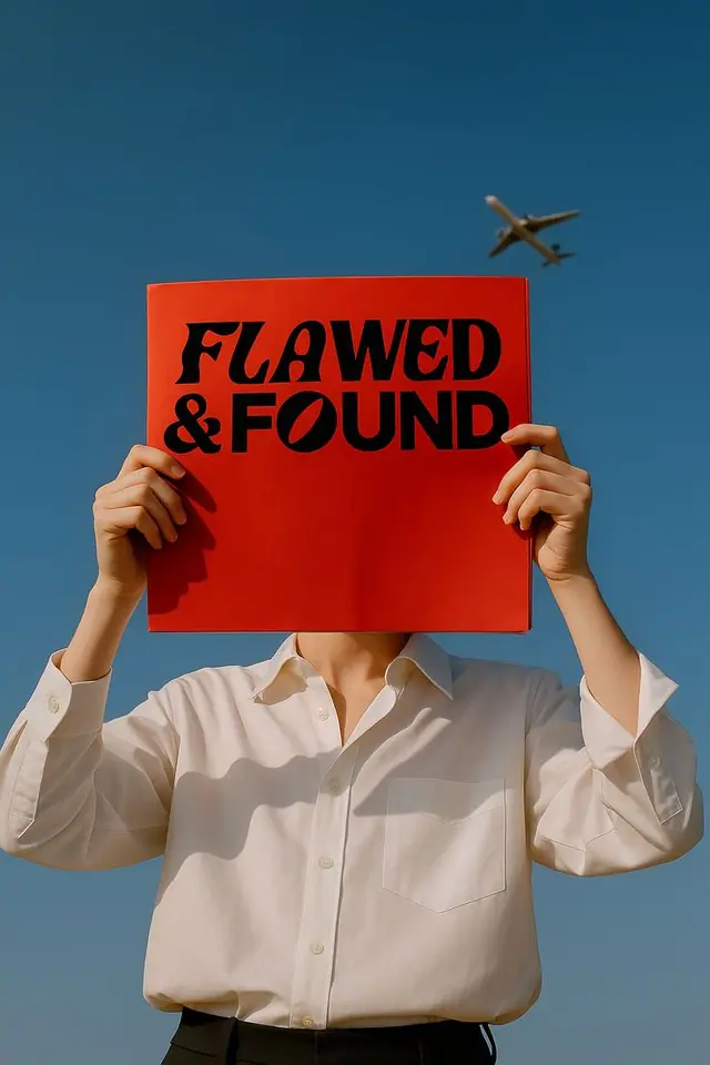 A person holds a red poster with bold black lettering in front of their face, under a blue sky with a plane overhead.