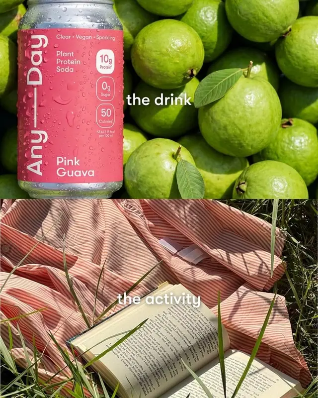 Two-part social tile: a pink soda can among green guavas above, a striped towel and open book on grass below.