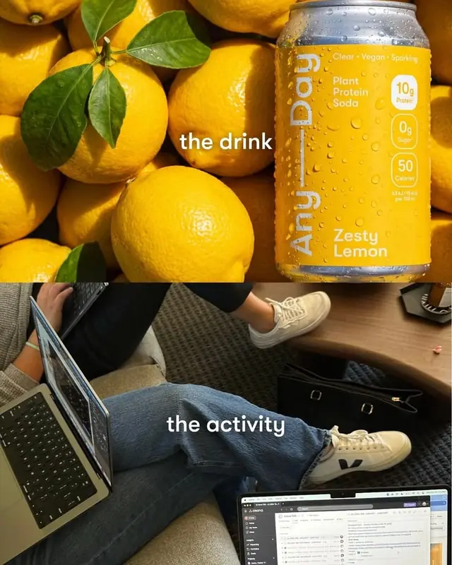 Two-part social tile: a yellow soda can among lemons above, a laptop on someone’s lap below.