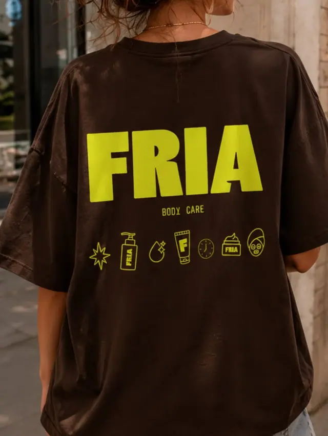 The back of a brown T-shirt with a large lime wordmark and small line icons.