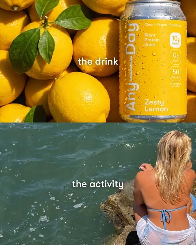 Two-part social tile: a yellow soda can among lemons above, a swimmer sitting by the sea below.
