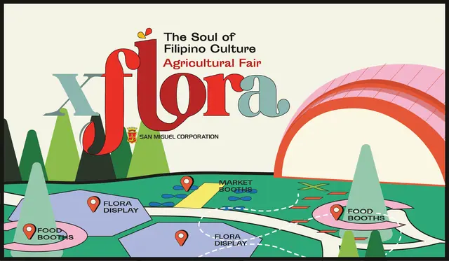 Cream and green illustrated fair map with a large red and sage xflora logo, a pink sun arc, trees and labelled booths.