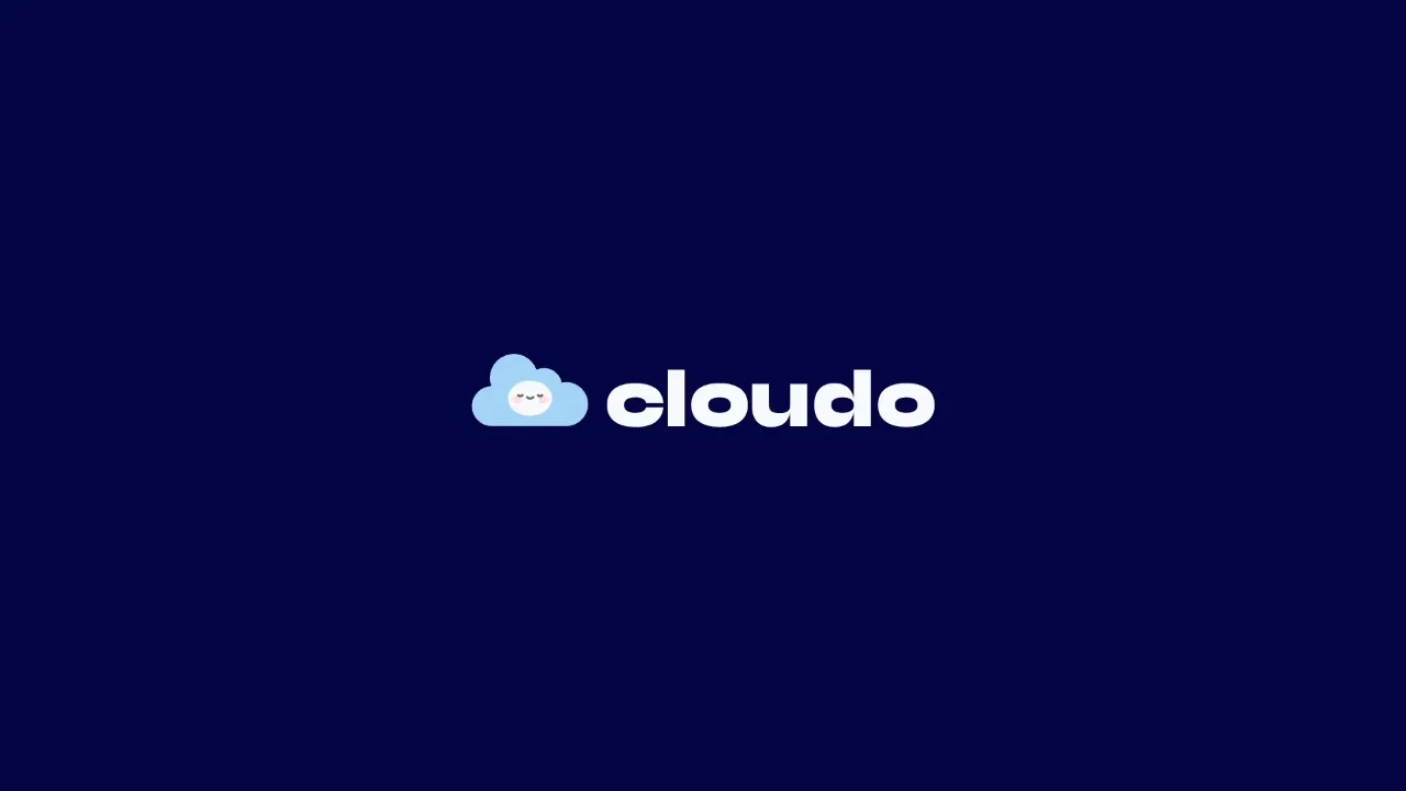 The Cloudo wordmark types in on navy, then the cloud mark appears beside it.