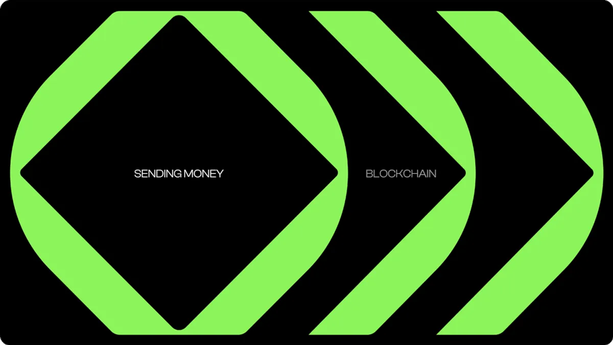 Green marks slide in on black, labelled Sending money, Blockchain and Receiving.