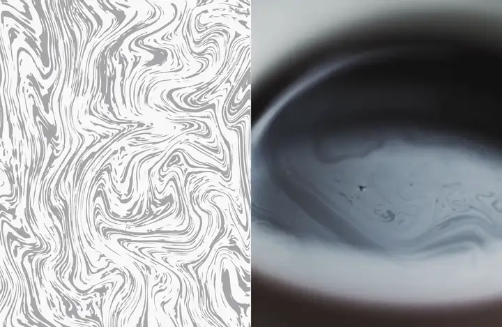A black and white marbled pattern swirls, then the view moves into the rim of a dark coffee cup.
