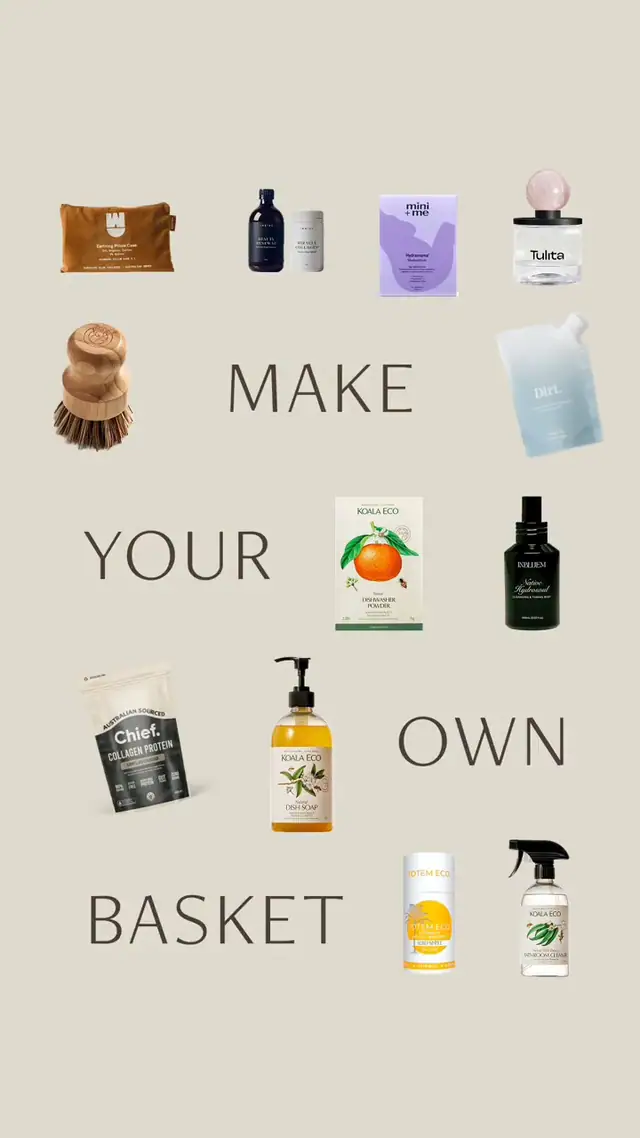 A flat lay of small home and body products on a cream background, with the words Make your own basket appearing one line at a time.