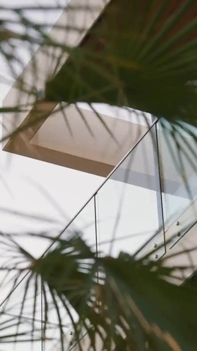 A vertical reel of a modern house: a pool beside palms, a balconied facade with a dark gate, leaves against the sky and a bedroom with city views.