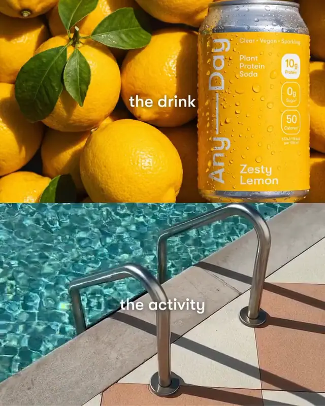Two-part video: a yellow can among lemons above, rippling pool water below.